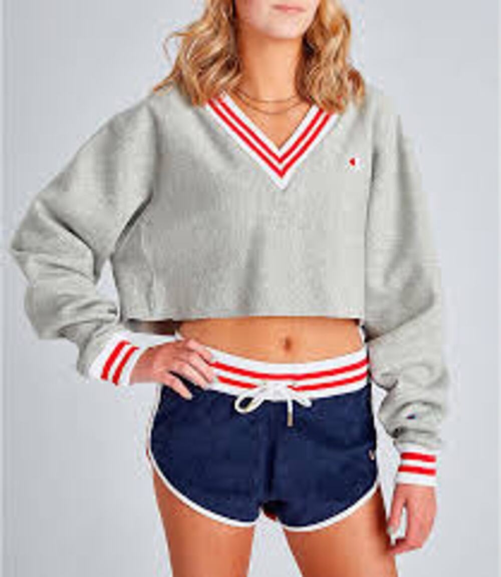 Champion Cropped V-Neck Oversized Sweatshirt College Prep Yarn Dye Stripe‎ Small